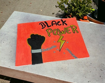 Black Power Artistry - Pintura de lienzo acrílico hecha a mano de un puño de poder negro, una cadena rota y un rayo