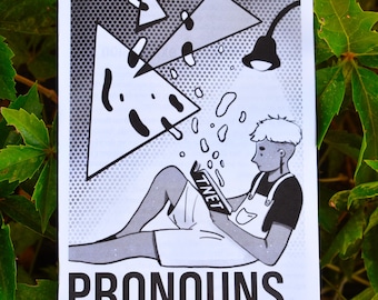 Könnte beinhalten: Schwarzweißillustration einer Person, die ein Buch mit dem Titel "The Net" liest, mit dem Text "PRONOUNS Everything you need to know" unter dem Bild.