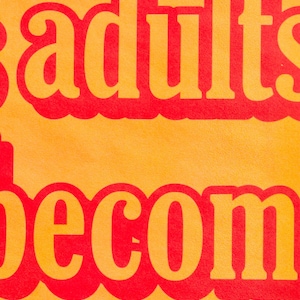 May include: Orange and red text on a yellow background reads "adults become" followed by the website "transeducation.net".