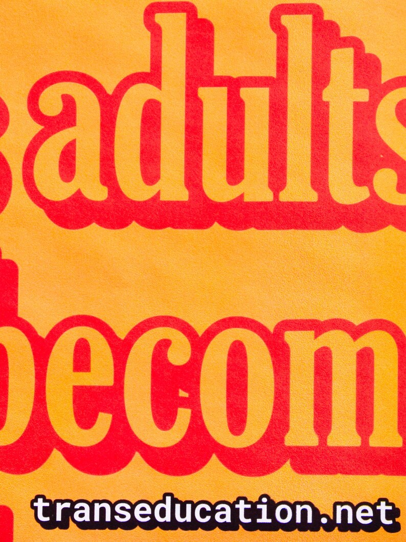 May include: Orange and red text on a yellow background reads "adults become" followed by the website "transeducation.net".