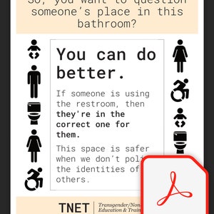 May include: A black and white poster with the text "So, you want to question someone's place in this bathroom? You can do better."  The poster also includes several gender neutral restroom symbols and the text "This space is safer when we don't police the identities of others."  The poster is from TNET, Transgender/Non Education & Train, transeducation.net.