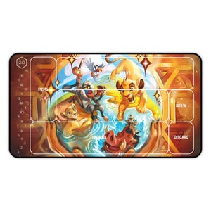 May include: Rectangular game mat featuring characters from The Lion King. The mat has a colorful illustration of Simba, Timon, Pumbaa, and other characters. The mat includes labeled sections for items, drawing, and discarding.