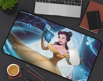 May include: A blue and yellow mousepad with a cartoon image of Belle from Beauty and the Beast holding a blue book. The background is a swirling blue and white pattern.