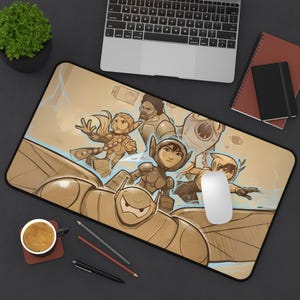 May include: A brown and beige mousepad with a cartoon illustration of a robot, a girl, and a boy. The robot is in the foreground and the girl and boy are in the background. The robot is holding a sword and the girl is holding a staff. The boy is wearing a helmet and has a sword in his hand. The background is a light blue color with white lightning bolts.