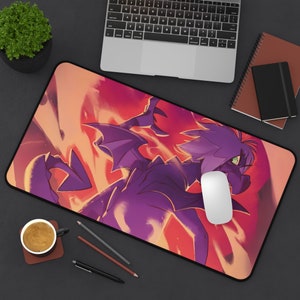 May include: A purple dragon with wings outstretched, set against a background of orange and red flames. The dragon has green eyes and a fierce expression.