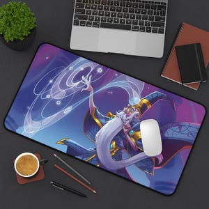 May include: A purple and blue fantasy-themed mousepad with a white-bearded wizard in a blue and gold robe casting a spell. The wizard is surrounded by swirling blue energy and white stars.