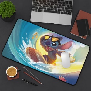 May include: A blue and white cartoon character wearing sunglasses and riding a surfboard on a wave. The character is surrounded by water and a yellow sun.