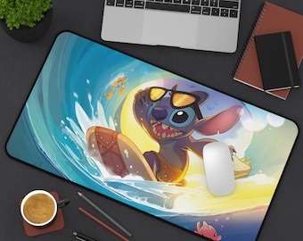May include: A blue and white cartoon character wearing sunglasses and riding a surfboard on a wave. The character is surrounded by water and a yellow sun.