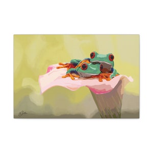 Original Artwork Print on Canvas - Cuddling Tree Frogs on Flower Petal - multiple sizes