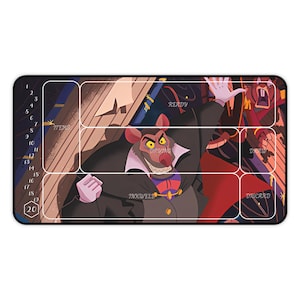 May include: A black and white illustrated game mat featuring Ratigan, the villain from Disney's The Great Mouse Detective. The mat is divided into sections labeled "Ready", "Items", "Inkwell", "Draw", and "Discard". A 20-sided die is in the bottom left corner.