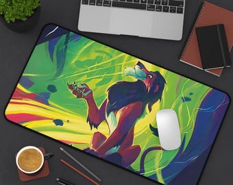 May include: A colorful mousepad featuring a stylized illustration of a lion with a green, yellow, red, and blue background.