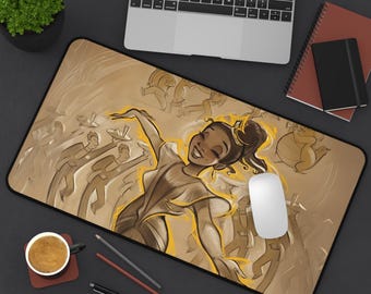 May include: A rectangular mousepad featuring a sepia-toned illustration of a woman dancing, with yellow highlights. The design includes figures in the background and a white mouse. The mousepad is on a black surface, with a laptop and accessories.