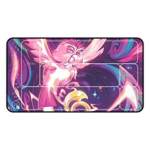 May include: A pink and purple galaxy-themed tabletop gaming mat with a white outline. The mat features a stylized illustration of a bird with a crescent moon in its talons. The mat has a grid with numbers 1-20 and sections labeled "Items", "Playing", "Draw", and "Discard".