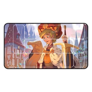 May include: A game mat with a colorful illustration of a young king holding a scroll and a sword. The mat is divided into 20 numbered squares, with sections labeled "Ready", "Items", "Drawing", "Discard", and "Spellwell".