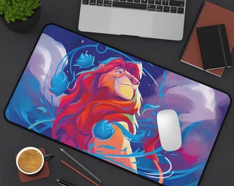 May include: A colorful mousepad featuring a cartoon lion with a bright red mane and blue flowers. The background is a dark blue with purple and pink accents.