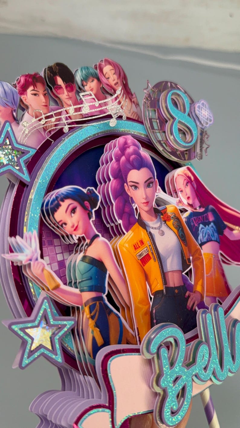 May include: A multi-layered cake topper featuring stylized illustrations of anime-style characters. The design incorporates a teal and purple color scheme, with the number 8 and the word "Bella" visible. The characters are depicted in various outfits and poses.