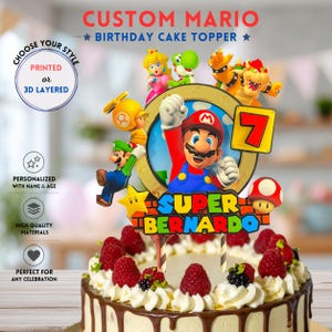 May include: A custom Super Mario birthday cake topper featuring Mario, Luigi, Princess Peach, Yoshi, Bowser, and a yellow number 7. The design includes the text Super Bernardo, a yellow star, and a red mushroom, all mounted on two striped sticks.