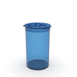 May include: A blue plastic pill bottle with a child-resistant lid. The lid has the words "Child Resistant" and an arrow pointing to the left.