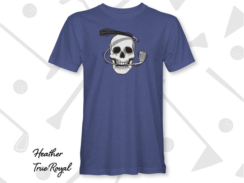 Heather True Royal Iron Man Skull and Golf Club Graphic Tee