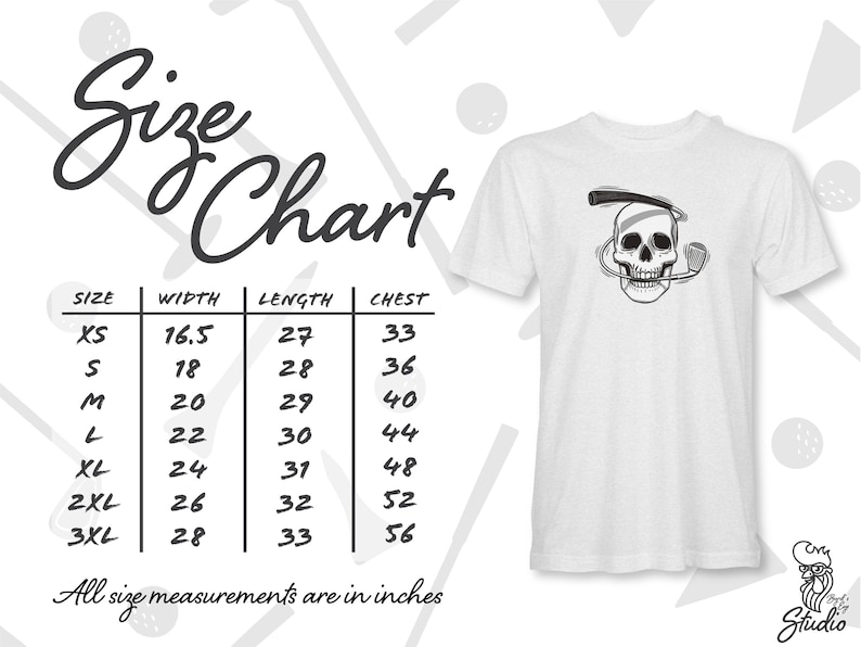 Size Chart Iron Man Skull and Golf Club Graphic Tee