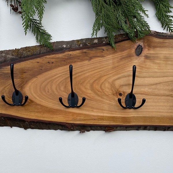 Live edge wall mount coat rack with triple hooks for living room, bedroom, bathroom and entry.