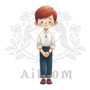 Necesito que describas un niño de comunión  pelirrojo con tupé,  con camisa blanca y pantalón oscuro oscuro.