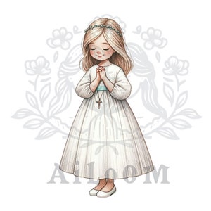 Sérénité classique : fille de communion blonde aux cheveux longs, yeux fermés, couronne de fleurs blanches et tons menthe
