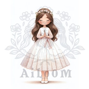 Animated Charm: Cartoon Style Communion Girl with Short Dress and Lace