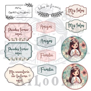 Papel Comunión - Pequeñas ilustraciones para imprimir y decorar - Niña comunión