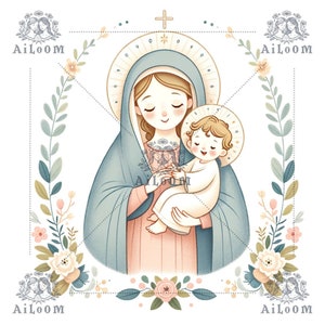 Serenidad Floral: Virgen María en Tonos Verdes y Salmón Pastel con el Niño en Brazos y Corona Flora