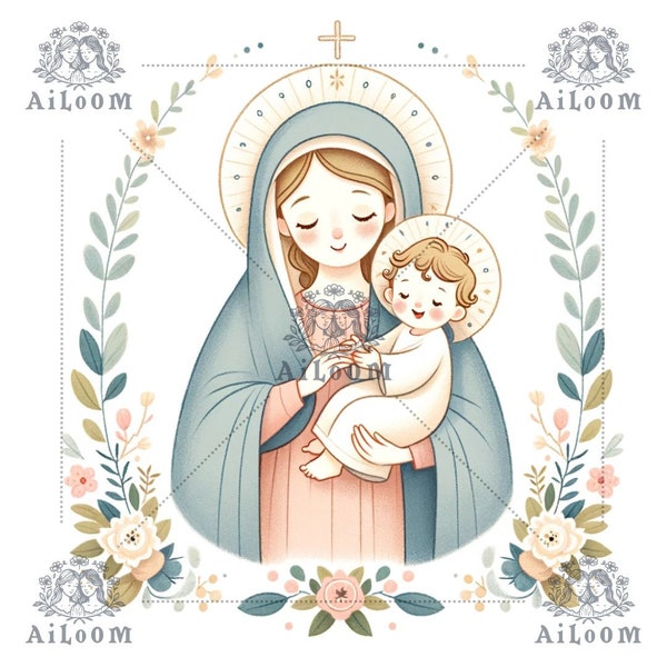 Floral Serenity: Virgin Mary in Green and Pastel Salmon Tones with Child in Arms and Flora Crown