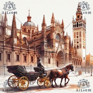 Ilustración Vintage de la Catedral de Sevilla y Giralda - Recuerdo Histórico para Invitaciones de Boda
