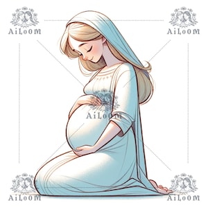 Ilustración Digital Virgen María Embarazada, Arte Religioso para Celebraciones, Imagen Inspiradora para Comuniones y Bautizos