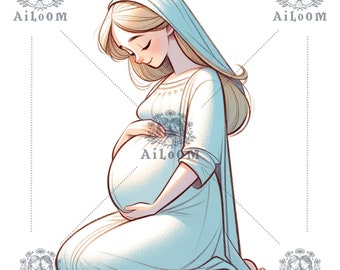 Ilustración Digital Virgen María Embarazada, Arte Religioso para Celebraciones, Imagen Inspiradora para Comuniones y Bautizos