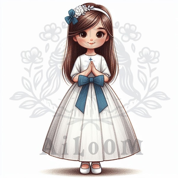 Petrol Blue Elegance: Classic Communion Girl with Long Hair and Petrol Blue Bow