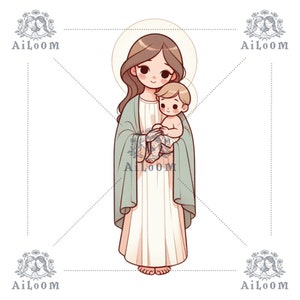 Harmonie maternelle : Vierge Marie dans les tons vert pastel et beige avec l'enfant dans ses bras