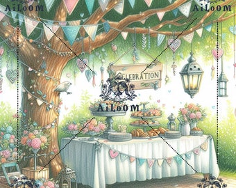 Ilustración Mesa Dulce de Buffet de Fiesta en Jardín - Arte de Celebración con Decoración Encantadora