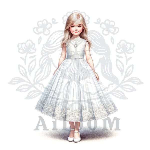 Realistic Beauty: Communion Girl with Long Blonde Hair, Adorned with Embroidery