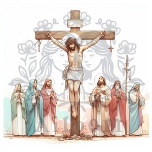 Cristo in comunità: Crocifissione in toni pastello con la presenza di persone