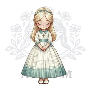 Rêve de communion : fille blonde aux cheveux longs, aux yeux fermés et à la robe verte et blanche