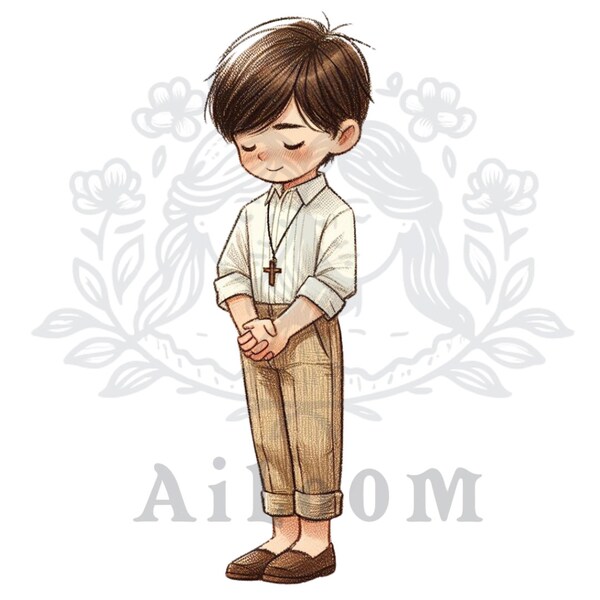 Earthy Elegance: Brown Communion Boy with Beige Shirt, Camel Pants and Brown Shoes