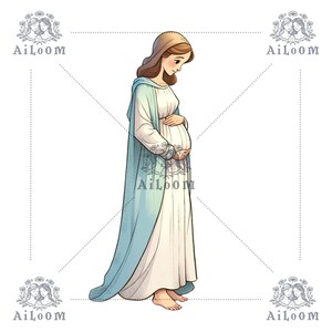 Illustrazione digitale della Vergine Maria incinta, arte spirituale per eventi, decorazione religiosa nei toni del blu