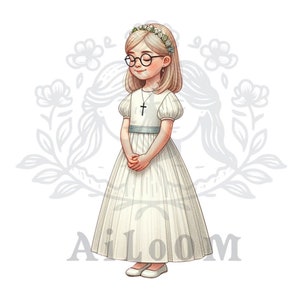 Sérénité à la menthe : fille blonde de communion avec des lunettes et les yeux fermés dans un style doux