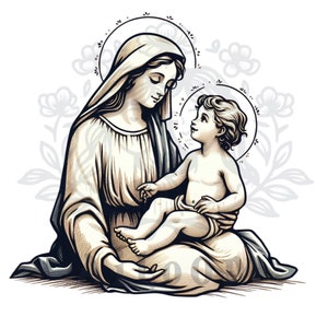 Elegancia Serena: Virgen María en Tonos Beige y Gris con el Niño en Brazos