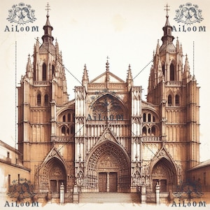 Detailed Illustration of Toledo Cathedral - Gothic Art for Elegant Wedding Invitations