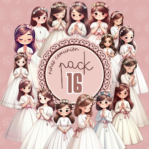 PACK - 16 comunheiras de cabelos castanhos, ilustração digital moderna.