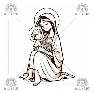 Silueta Maternal: Virgen María en Blanco y Negro, Sentada con el Niño en Brazos