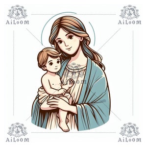 Harmonie maternelle : Vierge Marie dans les tons beige et vert avec l'enfant dans ses bras