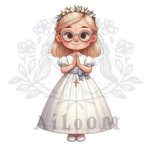 Ilustração de primeira comunhão de menina em oração, arte religiosa para convites e lembranças, imagem digital para álbum de recortes