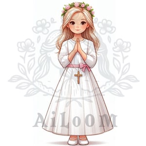Mirada Florar: Muñeca de Comunión Rubia con Pelo Largo, Corona en Rosas y Verdes, y Ojos Grandes